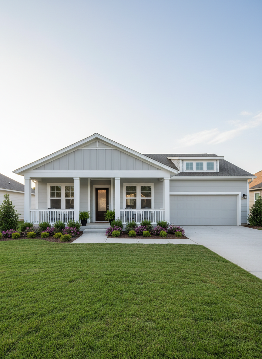 A freshly renovated single-family home with a light gray exterior, white trim, and a welcoming front porch, photographed in photographic realism. The house sits on a neatly manicured lawn with a clean concrete driveway and well-trimmed shrubs along the walkway. Soft late afternoon sunlight casts warm, even light across the facade, creating gentle shadows under the eaves. The sky is clear and pale blue, suggesting a calm, stable day. Captured at eye level from the curb with a wide lens, the composition centers the home while including neighboring rooftops slightly blurred in the background to suggest a thriving community. The overall mood is professional, trustworthy, and inviting, perfect for a real estate company that helps homeowners sell confidently.