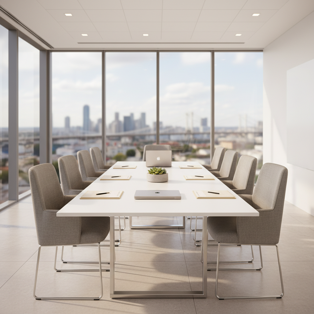 A bright, modern real estate office interior featuring a sleek white conference table with polished chrome legs, surrounded by high-backed neutral-toned chairs, rendered in photographic realism. On the table, neatly arranged folders, a silver laptop, and a small potted plant add a sense of organized professionalism. Floor-to-ceiling windows reveal a subtle cityscape outside, softly out of focus, hinting at national reach. Natural daylight floods the room, complemented by understated recessed ceiling lights, creating balanced, shadow-free illumination. Shot from a slightly elevated angle, the composition leads the eye along the table toward a large blank wall where property visuals might be displayed. The atmosphere is calm, competent, and reassuring, evoking a place where homeowners come to discuss solutions for selling their homes.