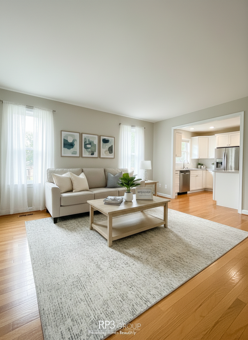 A welcoming living room in a well-maintained suburban home, staged to look ready for sale in photographic realism. A clean, light beige sofa faces a simple wooden coffee table with a small plant and a tidy stack of magazines. Large windows with sheer white curtains allow soft, diffused daylight to wash over warm hardwood floors and a textured neutral rug. On the far wall, a minimal arrangement of framed abstract art adds understated sophistication. Captured at eye level from the corner of the room, the composition reveals an open doorway leading to a bright kitchen, suggesting flow and spaciousness. The mood is serene, clutter-free, and aspirational, ideal for illustrating how RP3 Group helps homeowners present their properties attractively to potential buyers.
